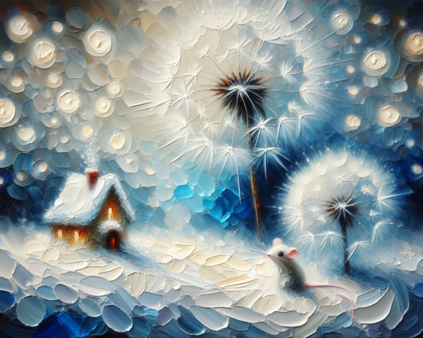 Winter Wonderland Scene with Cottage and Dandelions