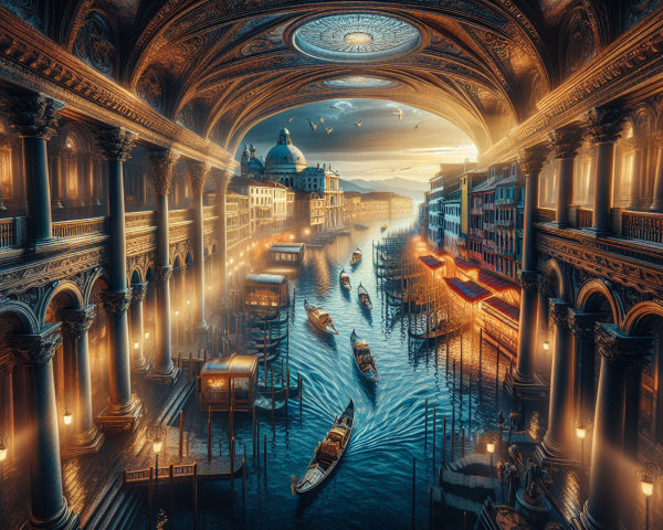Surreal Venetian Twilight Scene with Gondolas and Arches