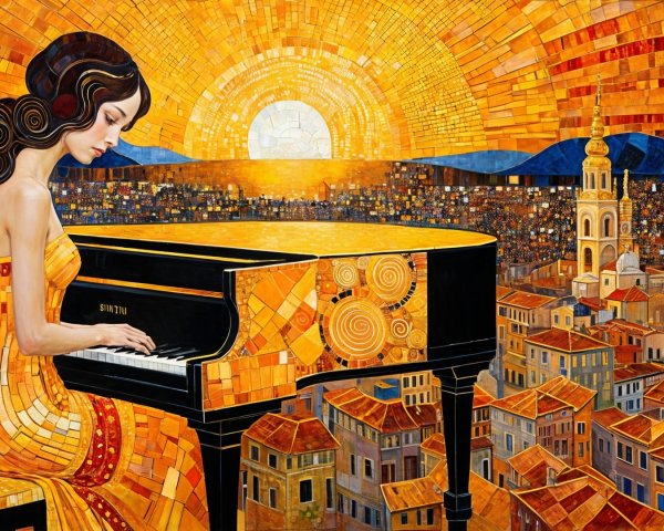 Woman in Orange Gown Playing Piano at Sunset