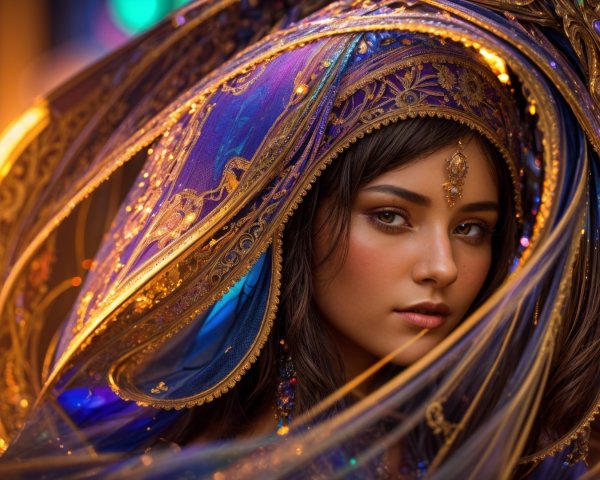 Young woman in shimmering headdress with rich fabrics