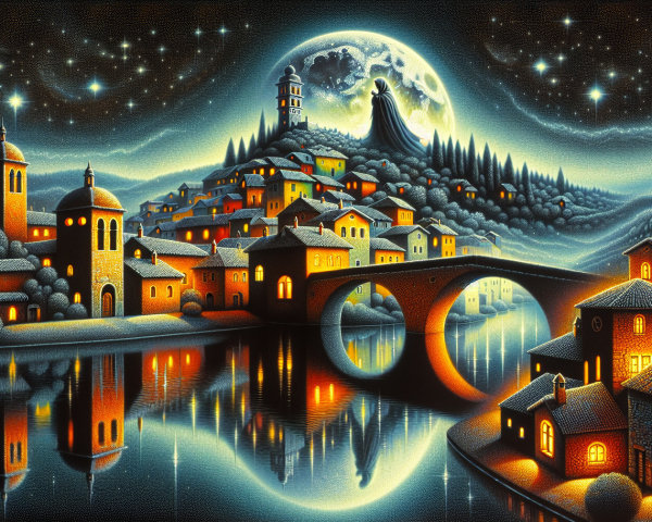 Serene Night Scene of a Village by a Shimmering River