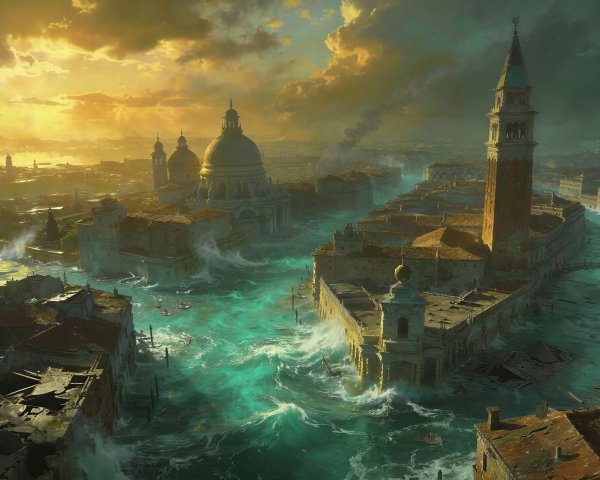 Flooded Venice in a Stormy, Hyperrealistic Scene