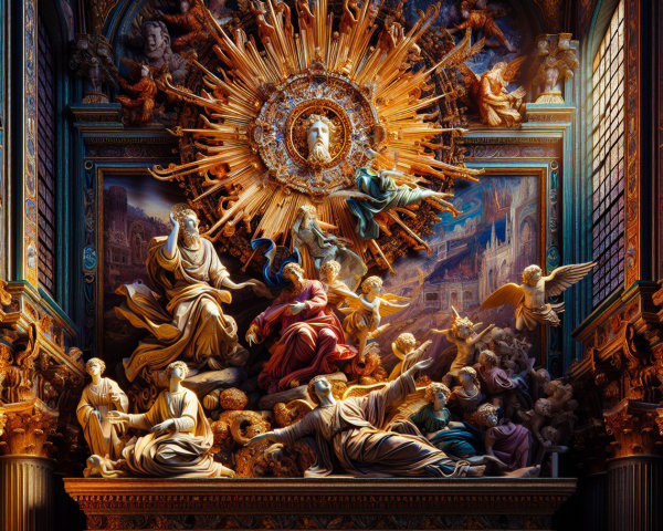 Baroque Altar with Golden Sunburst and Sculptures