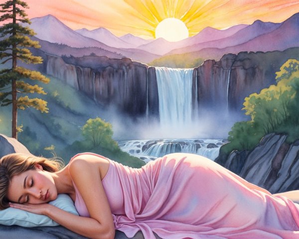 Woman Sleeping on Rock with Sunrise and Waterfall