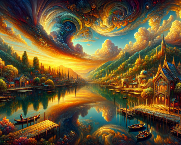 Vibrant Dreamlike Landscape with Tranquil Lake and Sky