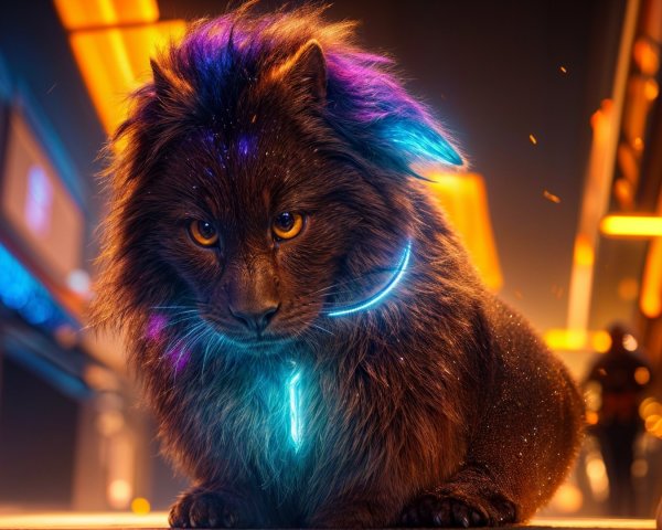Futuristic Lion Creature in Neon-Lit Environment