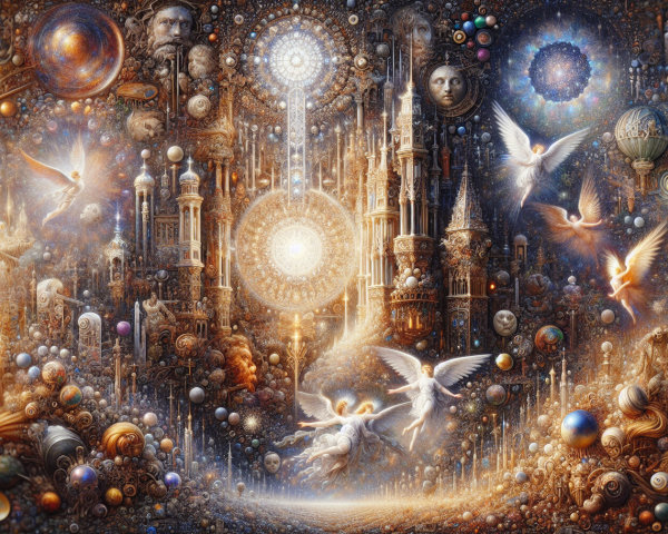 Surreal Cityscape with Cosmic Elements and Beings
