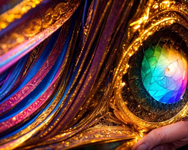 Ornate golden frame with colorful jewel-like lens