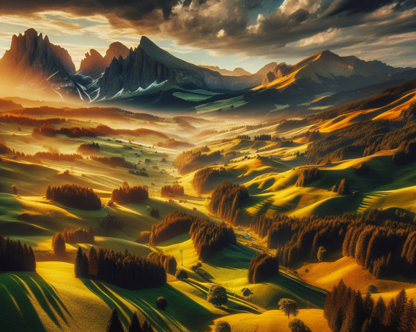 Dramatic Mountain Landscape with Lush Greenery and Sky