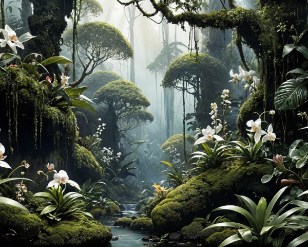 Vibrant Tropical Rainforest with Exotic Flora and Stream
