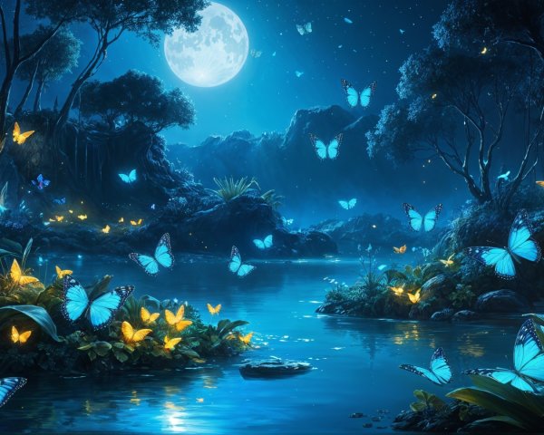 Tranquil River Scene Under Moonlight with Butterflies