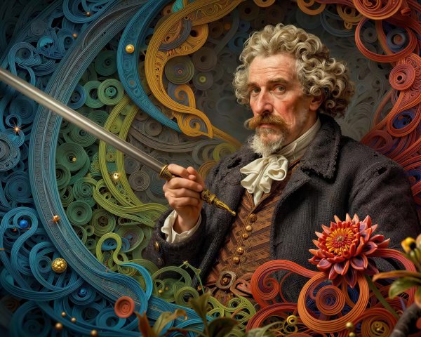 Curly-Haired Man Portrait with Quilling Art Background