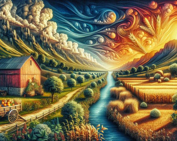 Surreal Landscape with Barn, River, and Sunset Colors