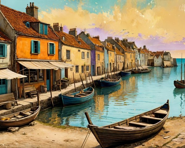 Charming Coastal Village with Colorful Houses and Boats