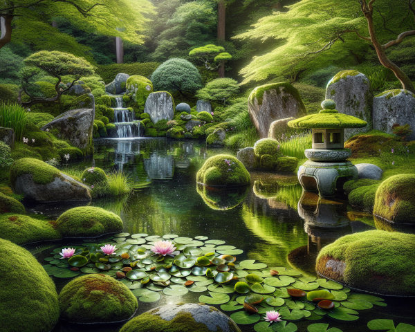 Serene Japanese Garden with Pond and Water Lilies