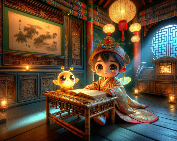 Chibi Character Reading in East Asian Decor Room