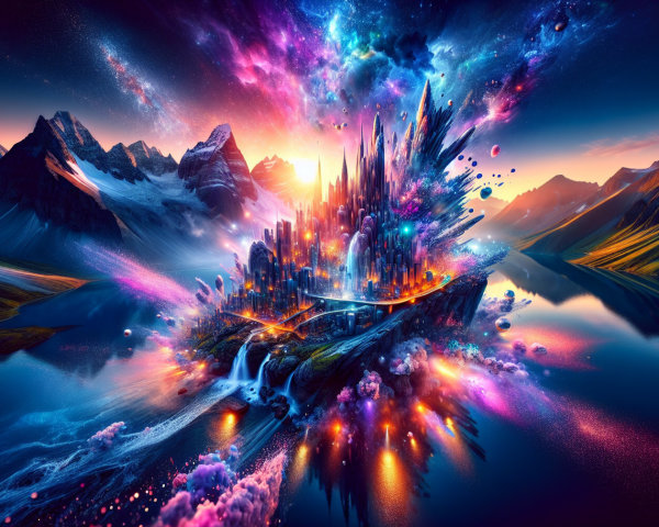 Vibrant Landscape with Crystalline City and Mountains