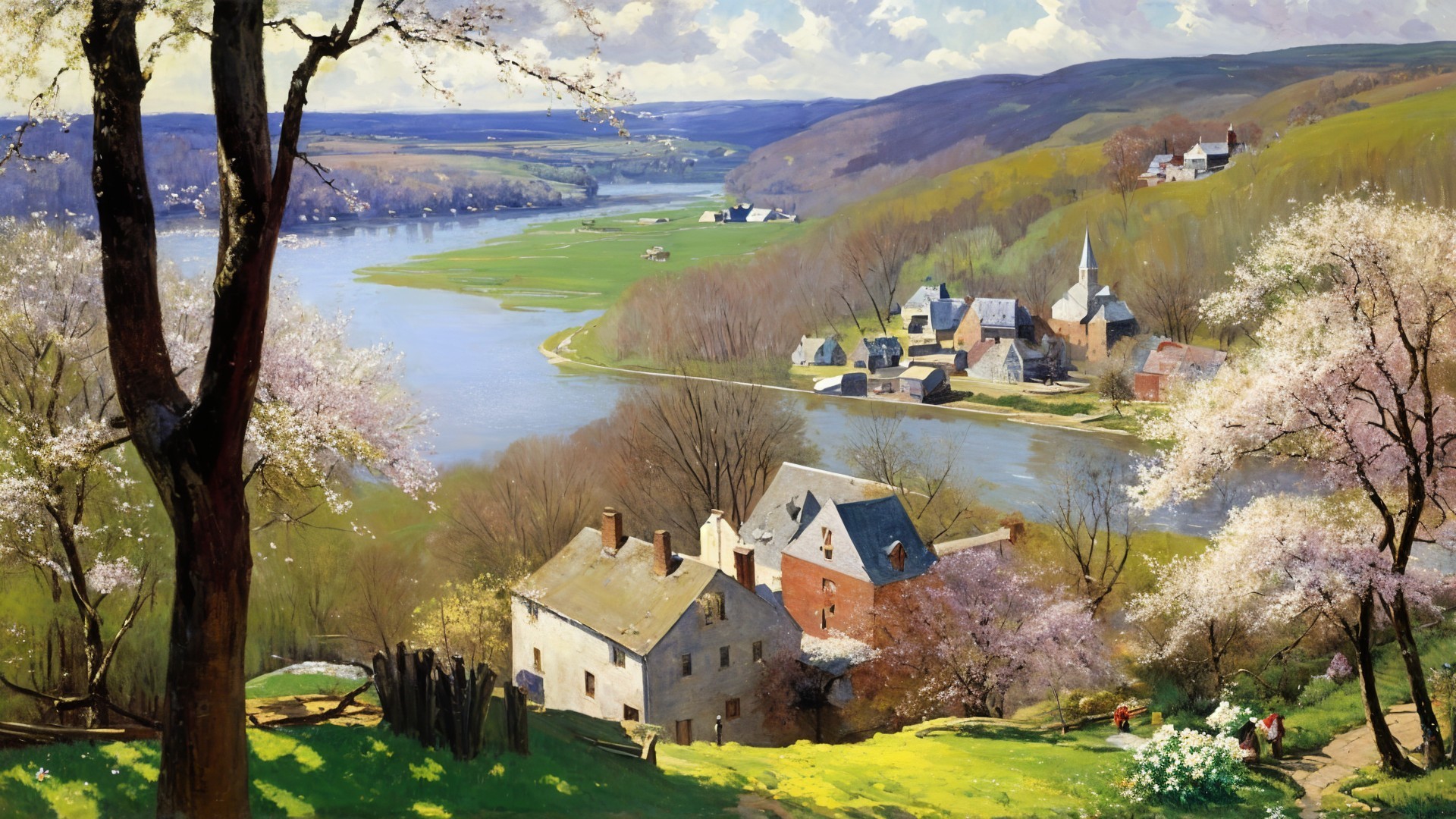Serene River Landscape with Cottages and Blooming Trees