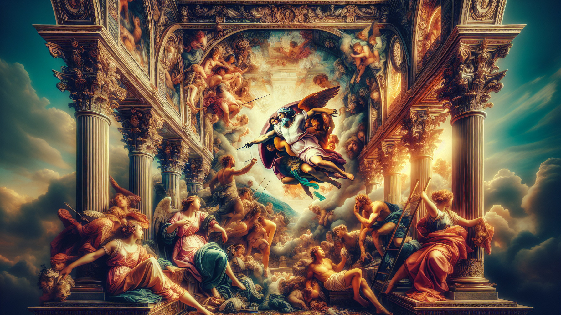 Ethereal Scene of Celestial Beings in Architecture