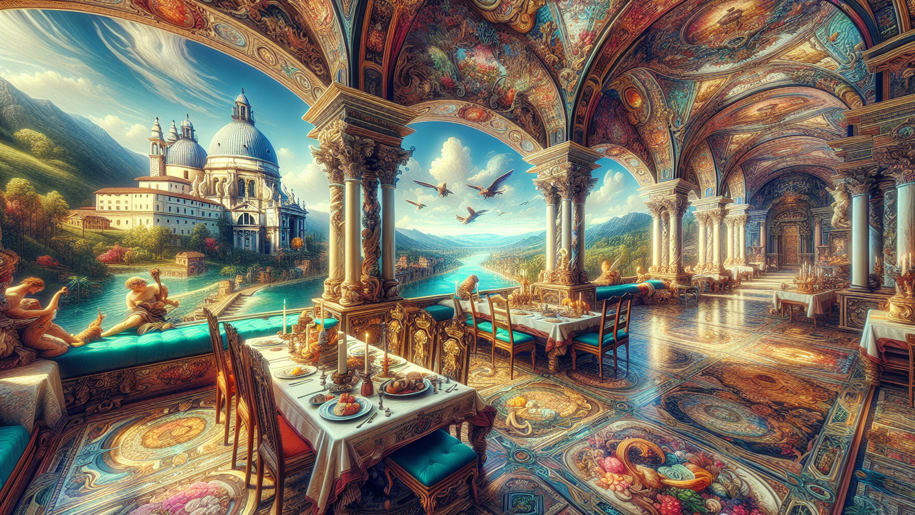 Baroque Terrace with Gold Pillars and Scenic View