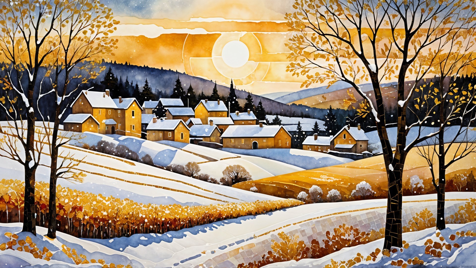 Watercolor Painting of a Village at Sunset