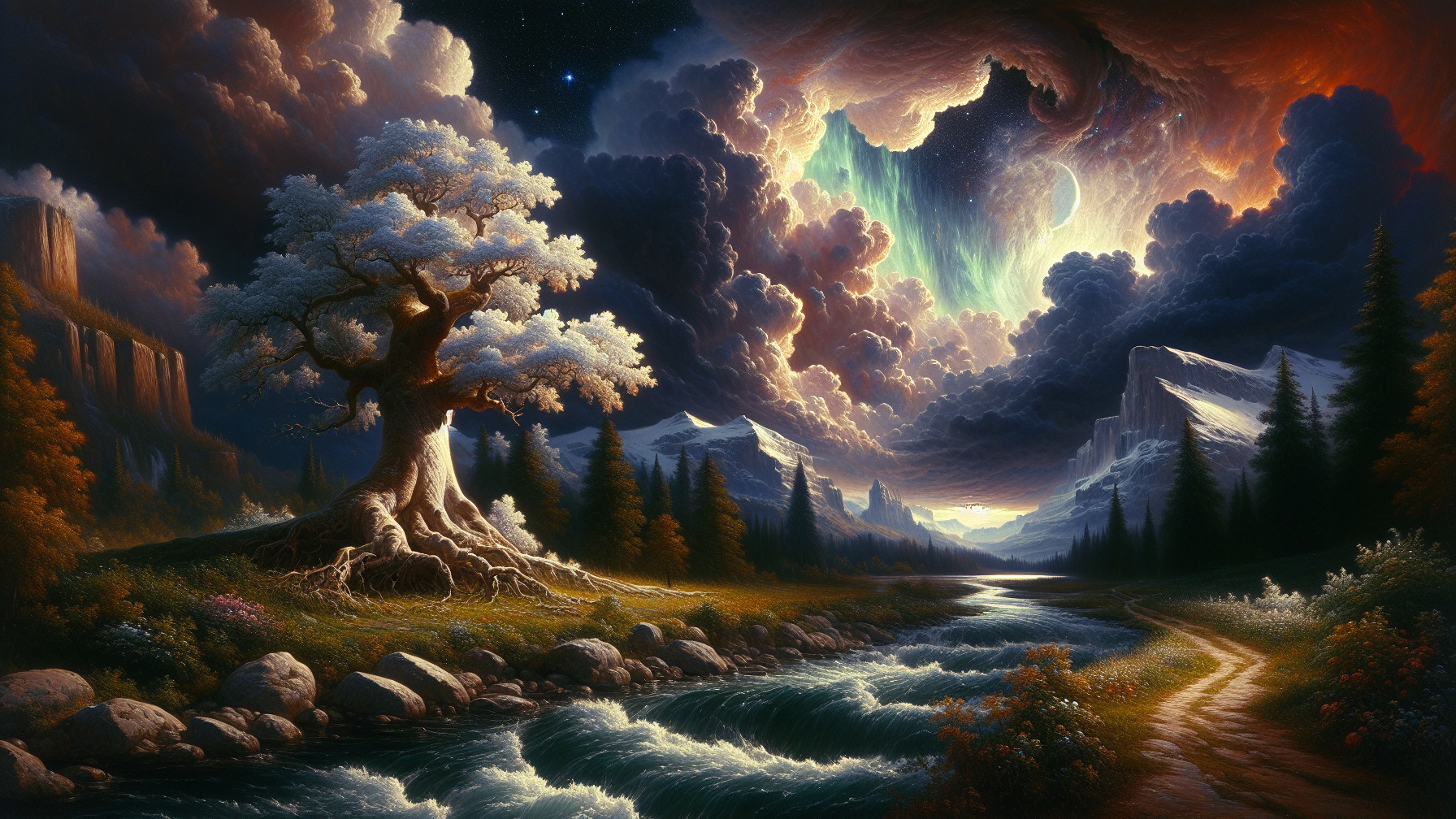 Majestic landscape with gnarled tree and aurora sky
