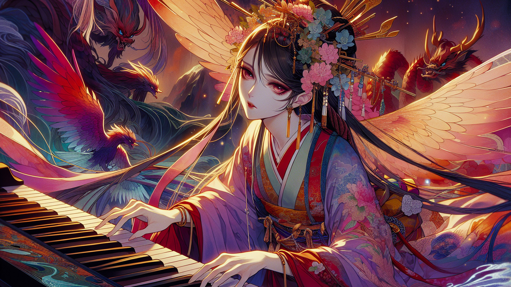Mystical Scene of a Female Pianist with Mythical Creatures