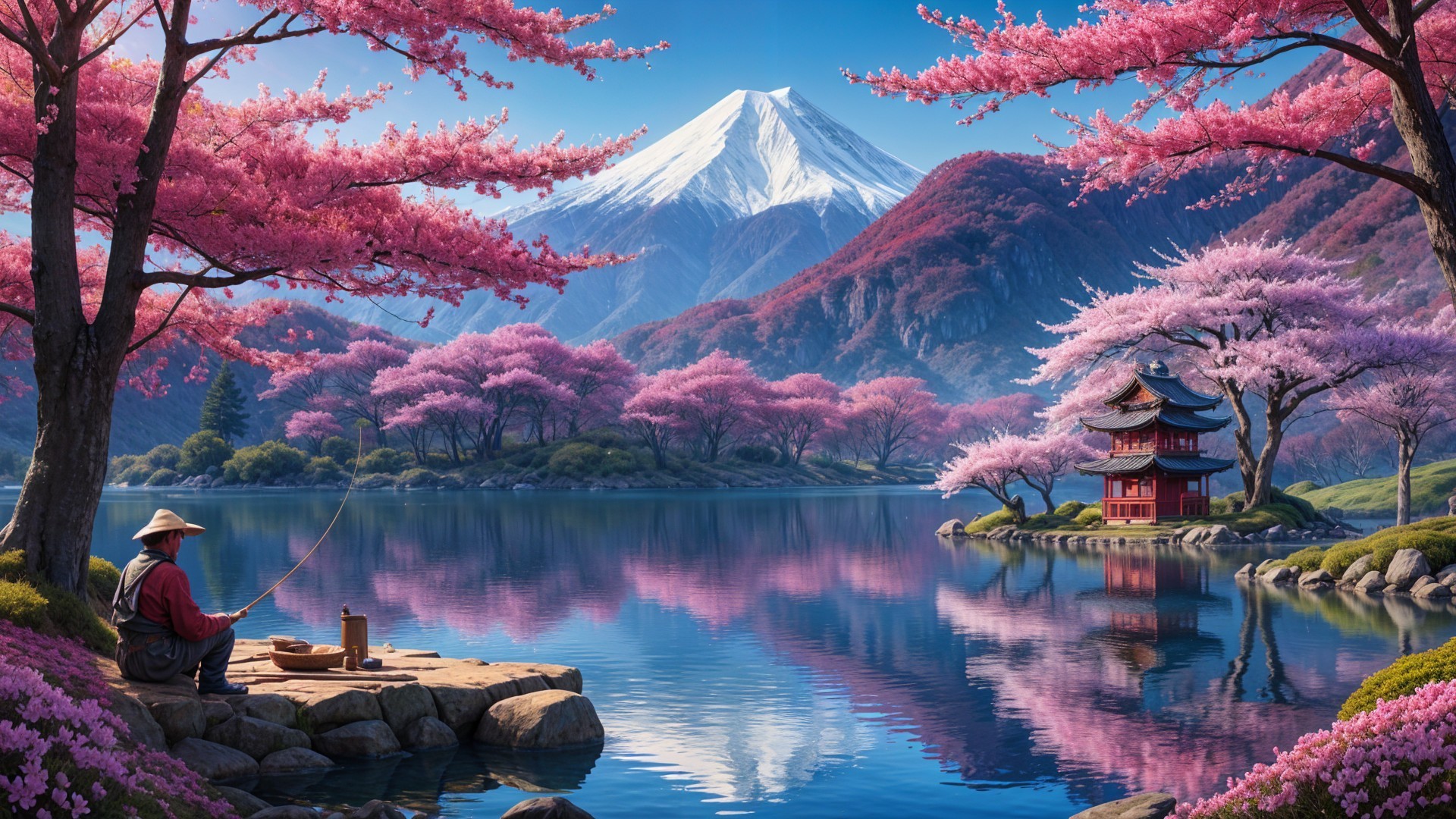Tranquil Lake with Cherry Blossoms and Mountains