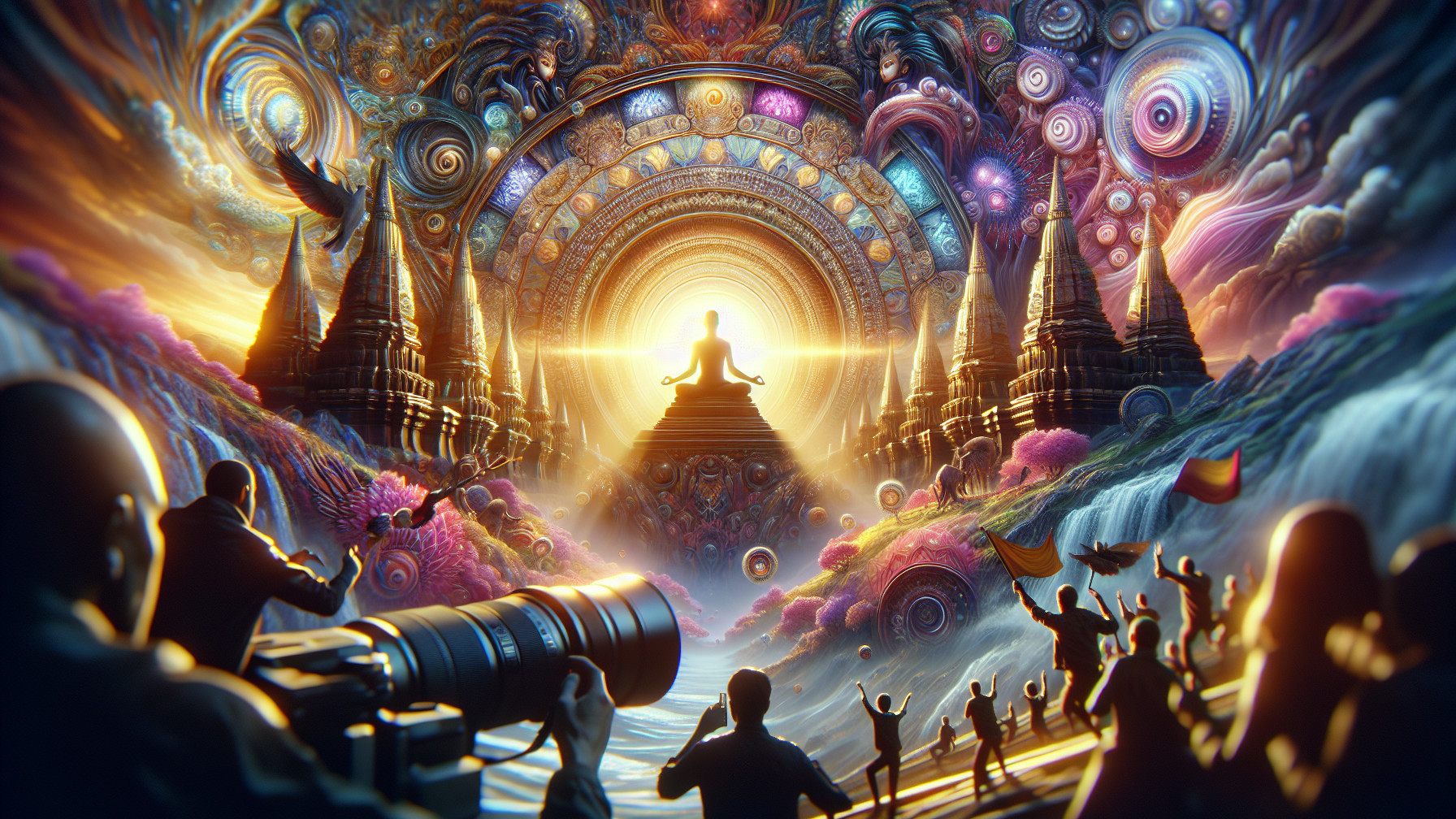 Meditative Figure Amidst Colorful Ethereal Landscape