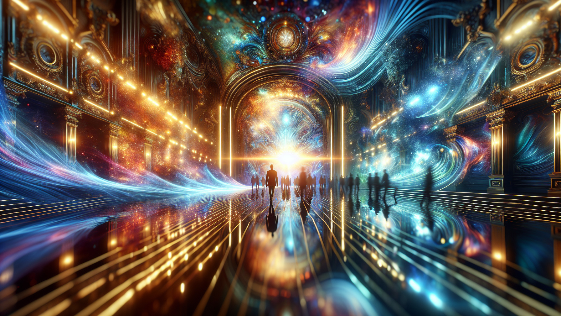 Cosmic Colorful Hall with Ethereal Lights and People