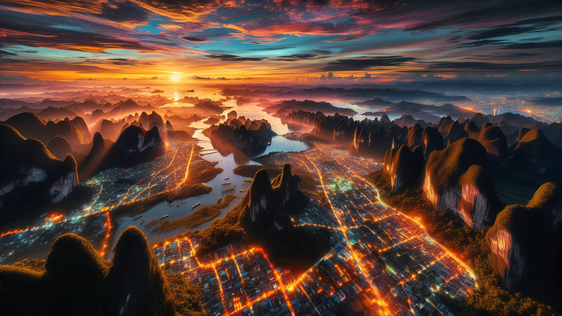 Aerial Sunset View of Vibrant Landscape and River