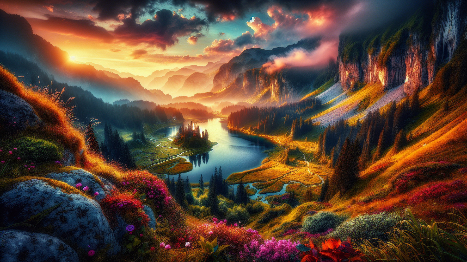 Vibrant Landscape with Sunset Over Hills and Lake