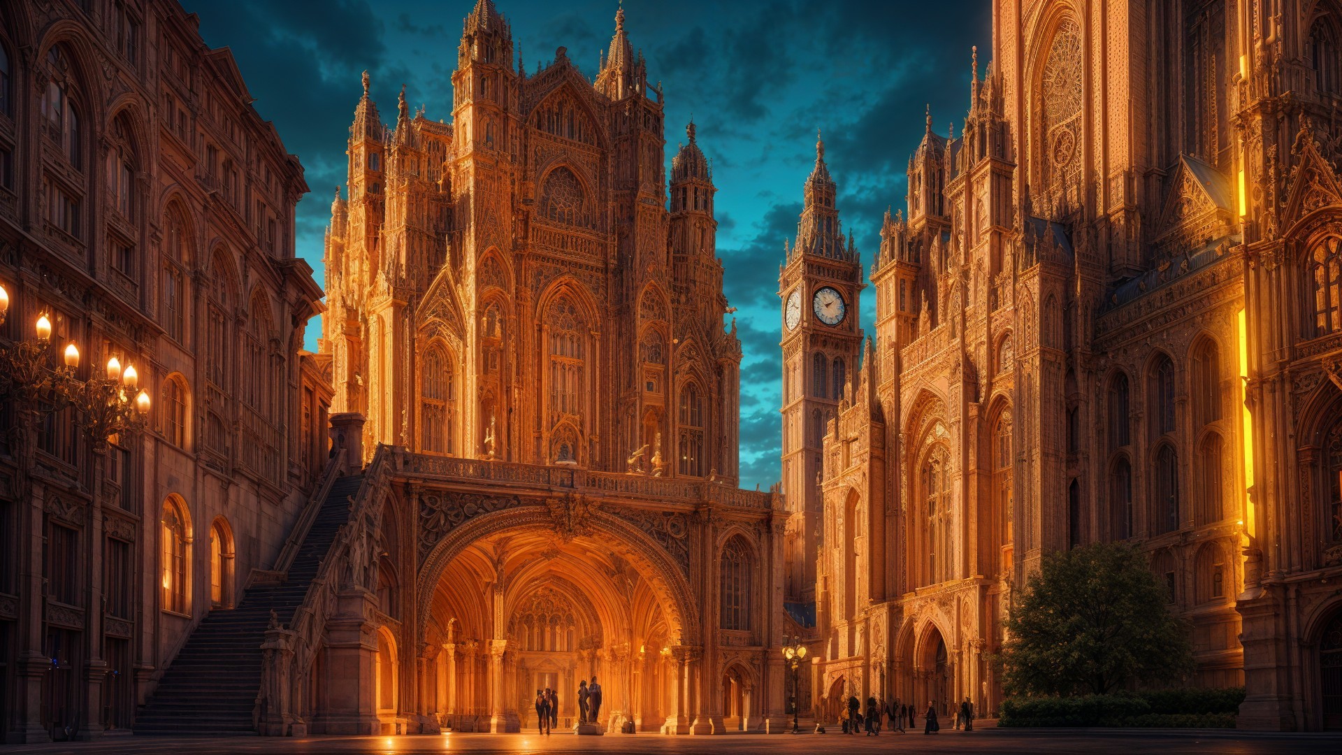 Gothic Architecture at Twilight with Illuminated Facades