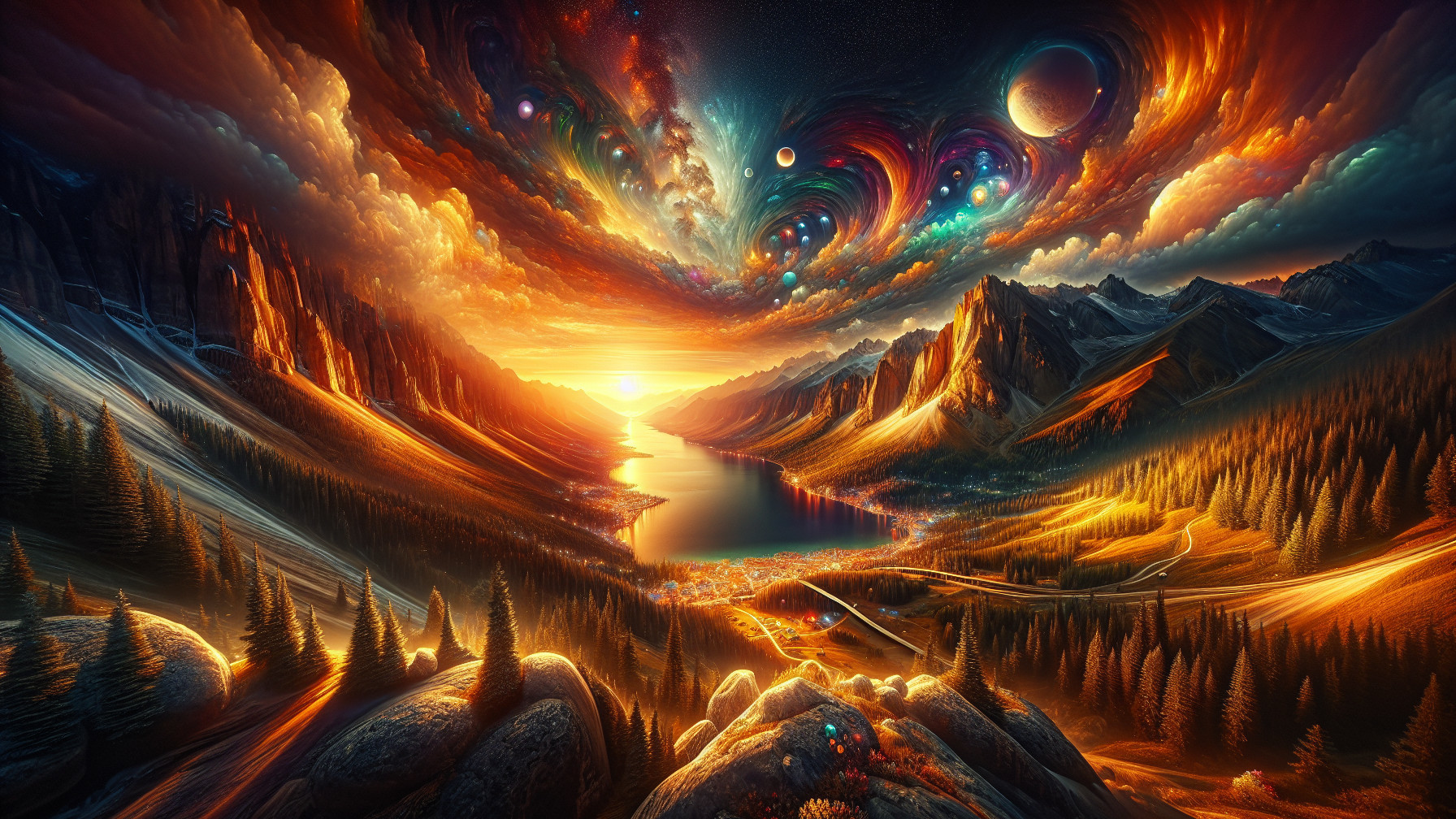 Vibrant Sunset Over Serene Lake and Mountainscape