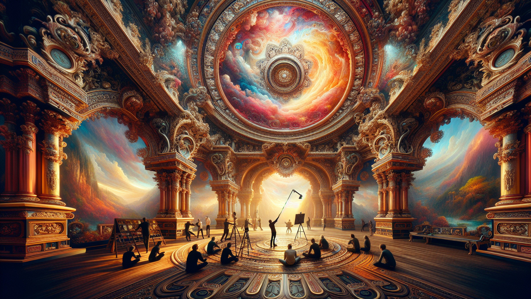 Ornate hall with celestial mural and attentive audience
