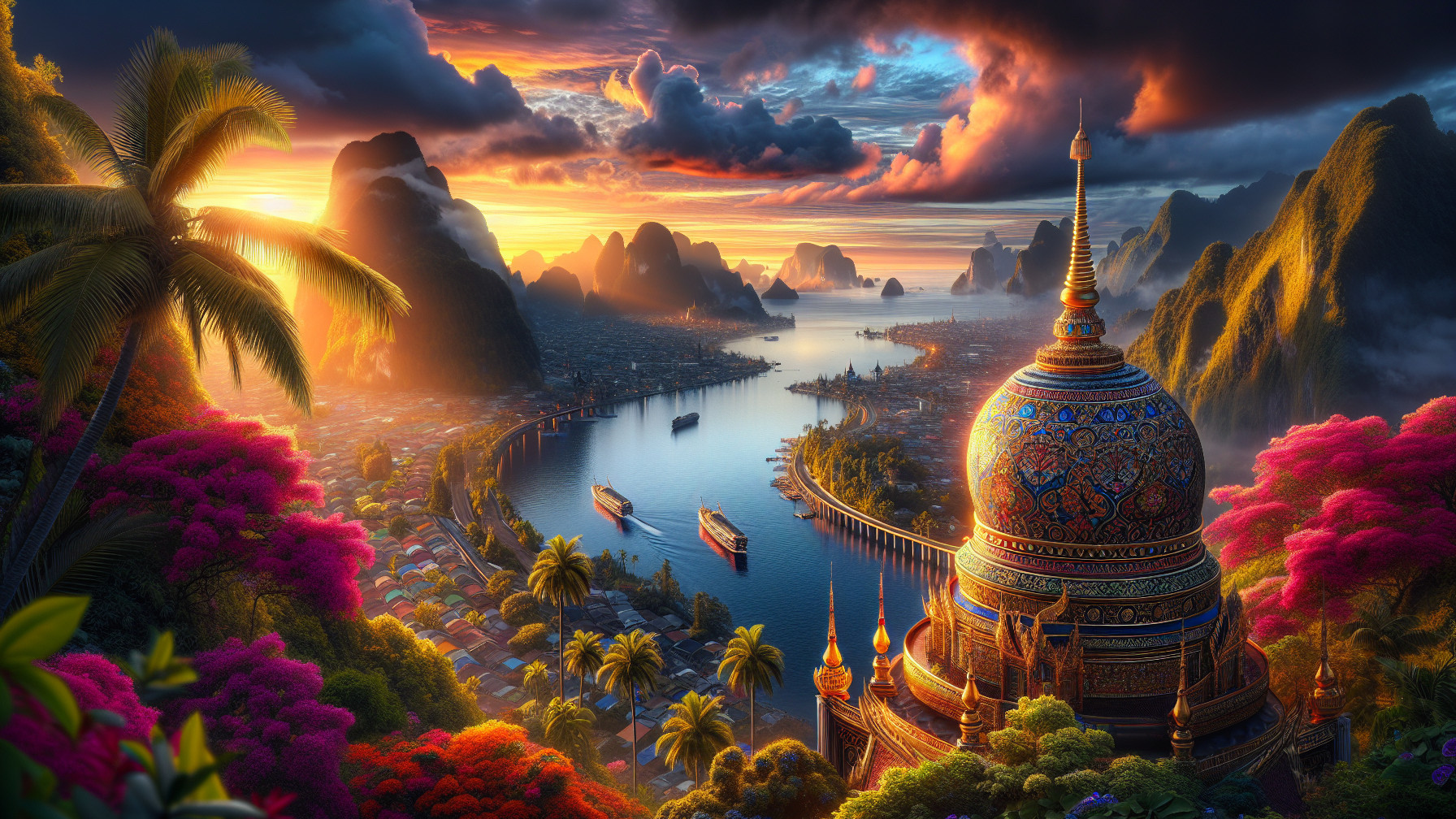 Sunset Landscape with Hills, River, and Temple