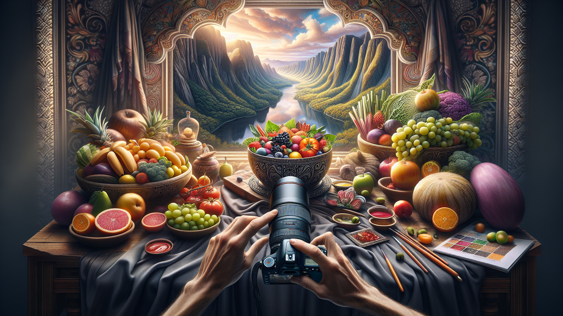 Still Life with Colorful Fruits and Landscape Painting
