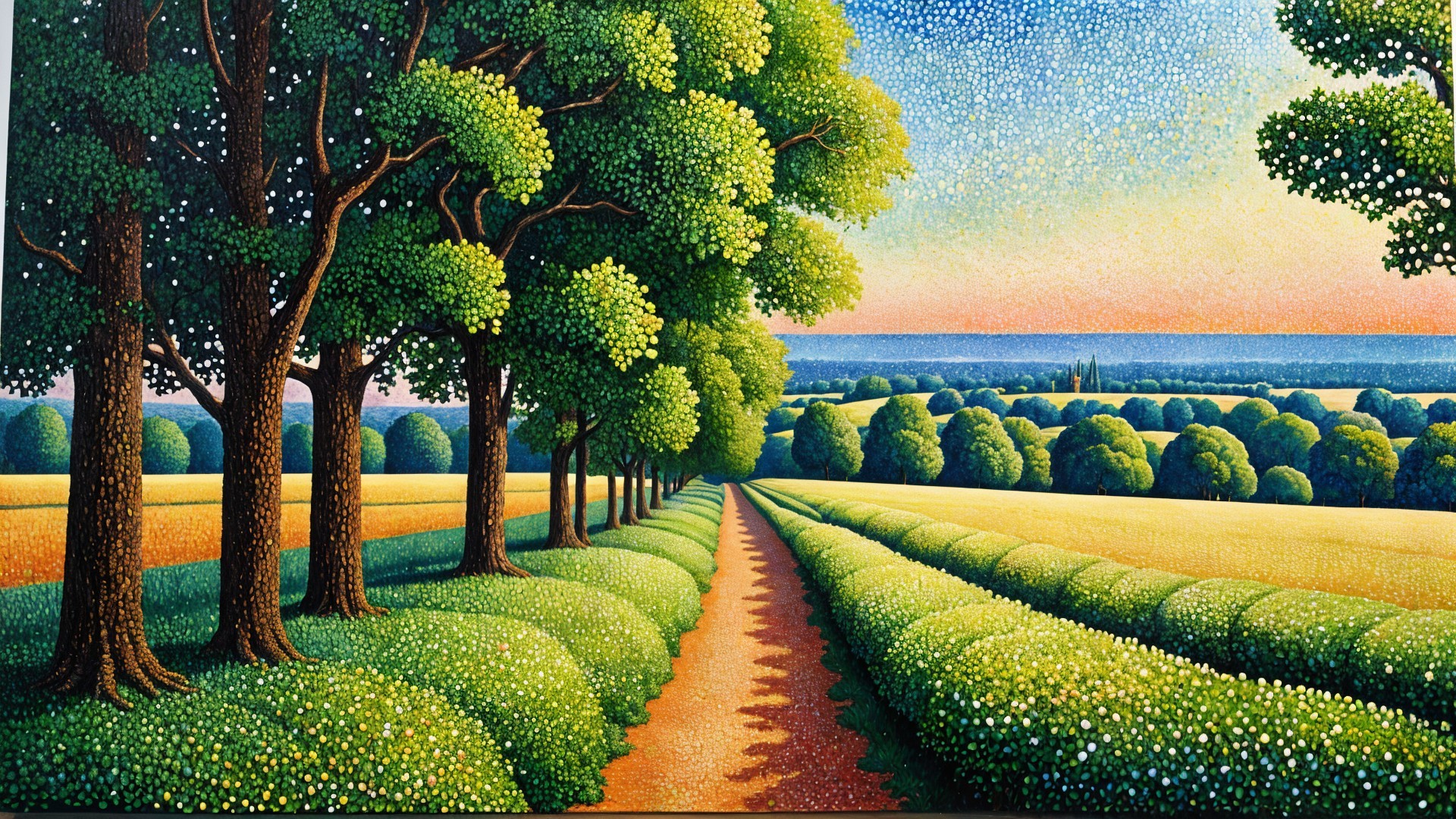 Serene landscape with winding path and vibrant greenery