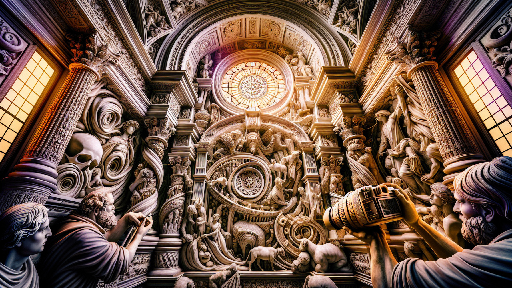 Grand Architectural Space with Sculptures and Light