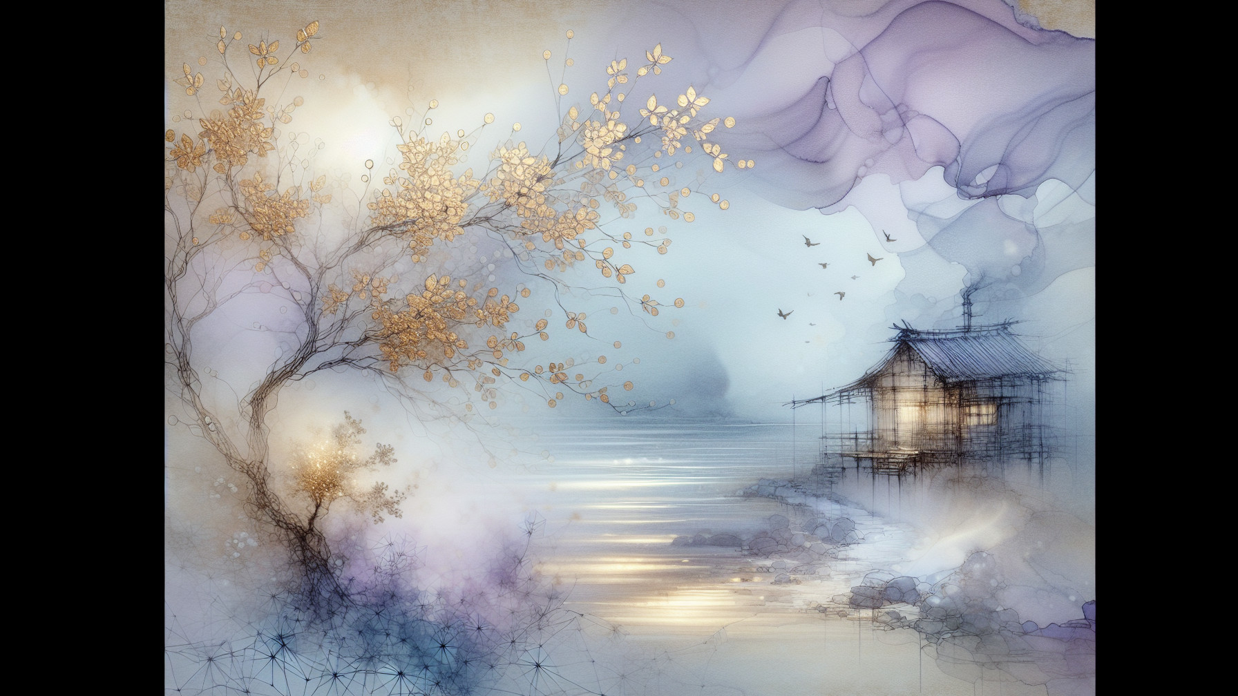 Tranquil Water Scene with Dreamy Sky and Golden Leaves