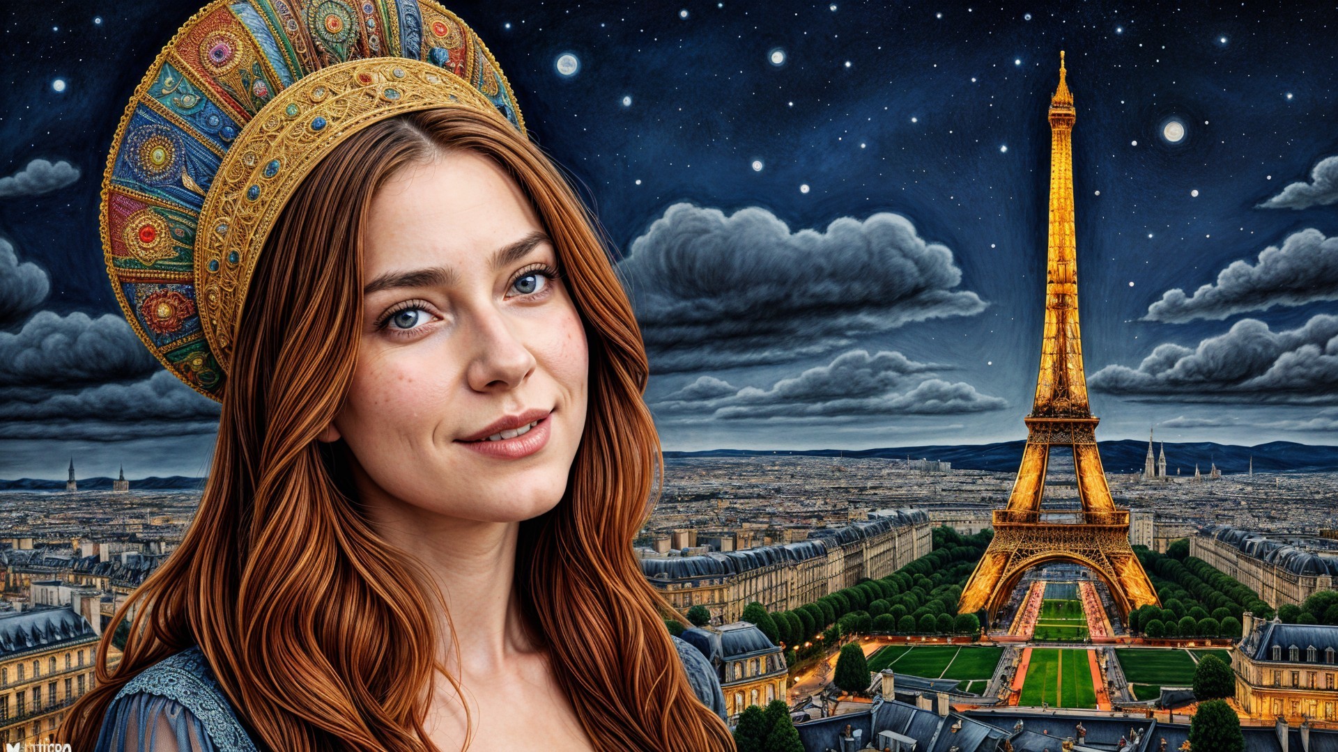 Young woman with ornate headdress in Paris night view