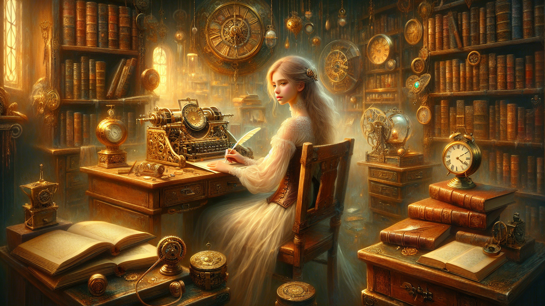 Young Woman Writing in Antique Library Setting