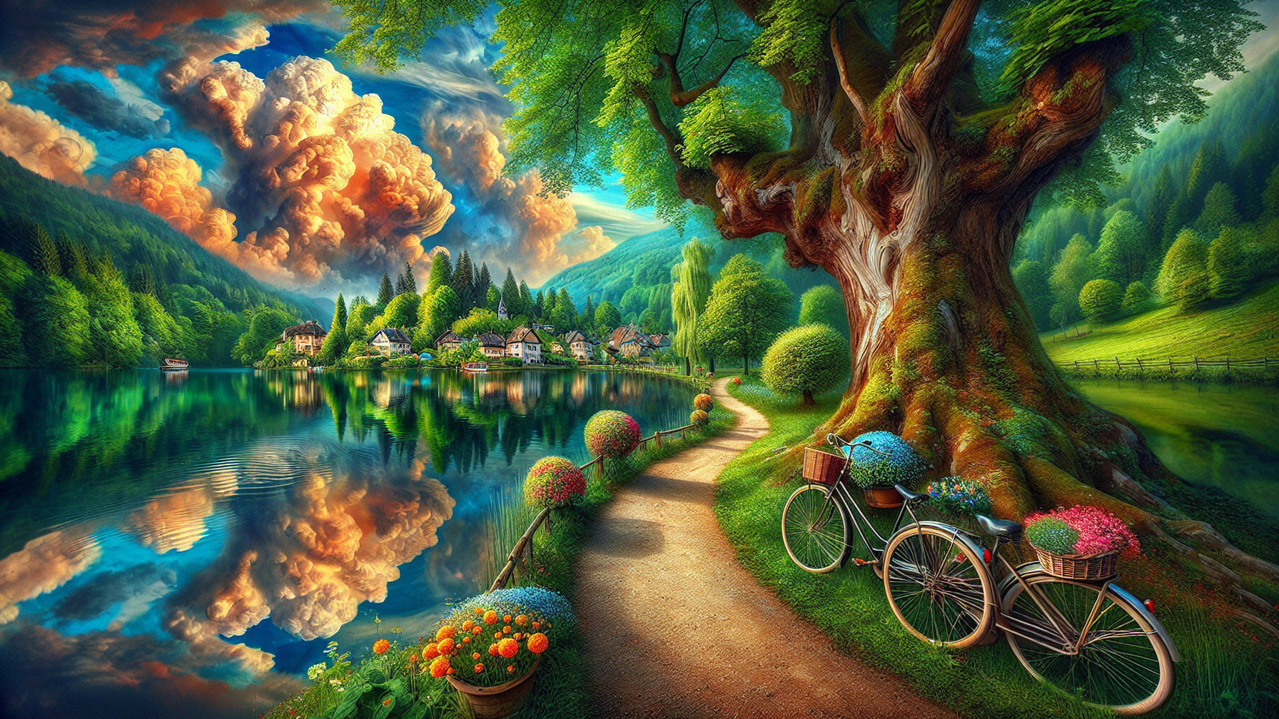 Tranquil Landscape with Path, Lake, and Cottages