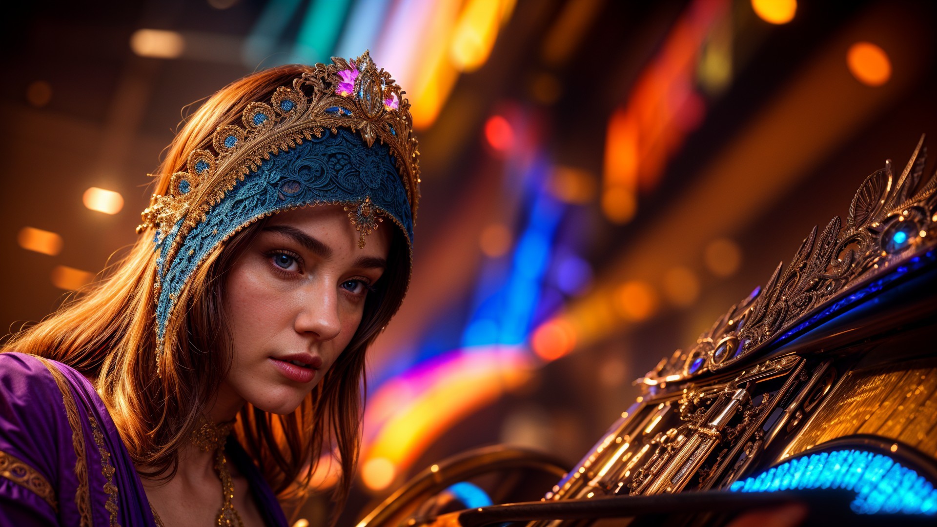 Young woman in traditional attire with ornate headpiece