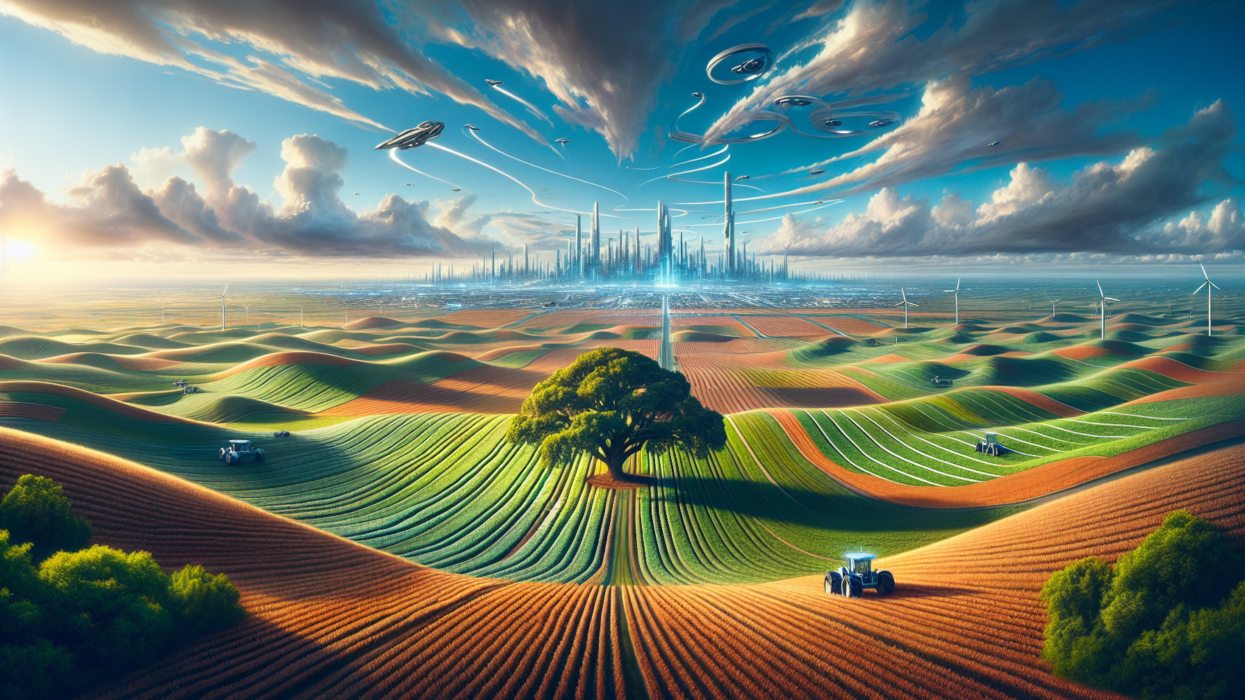 Vibrant Landscape of Crops and Futuristic Cityscape