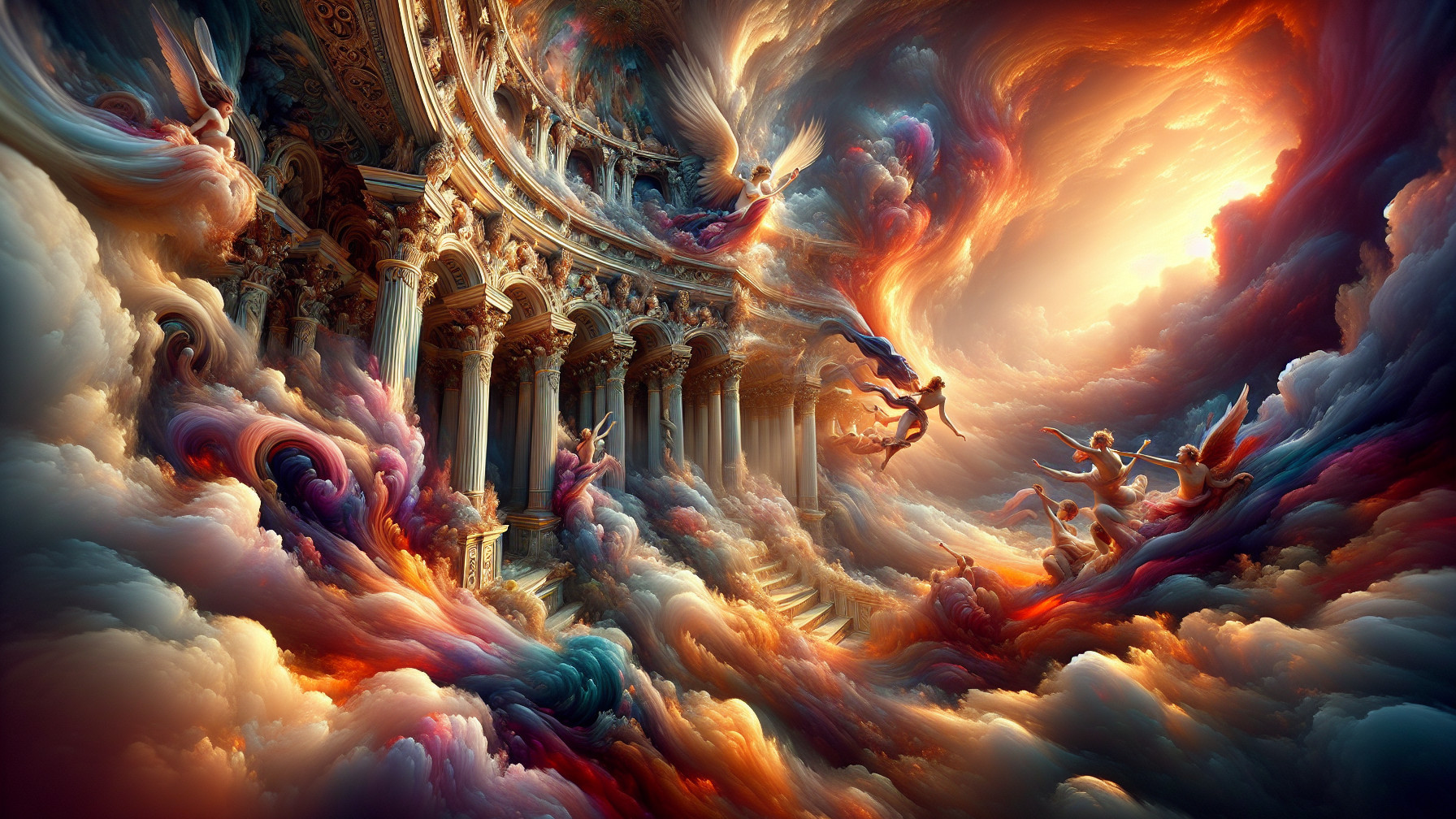 Swirling Clouds and Classical Columns in Vibrant Hues