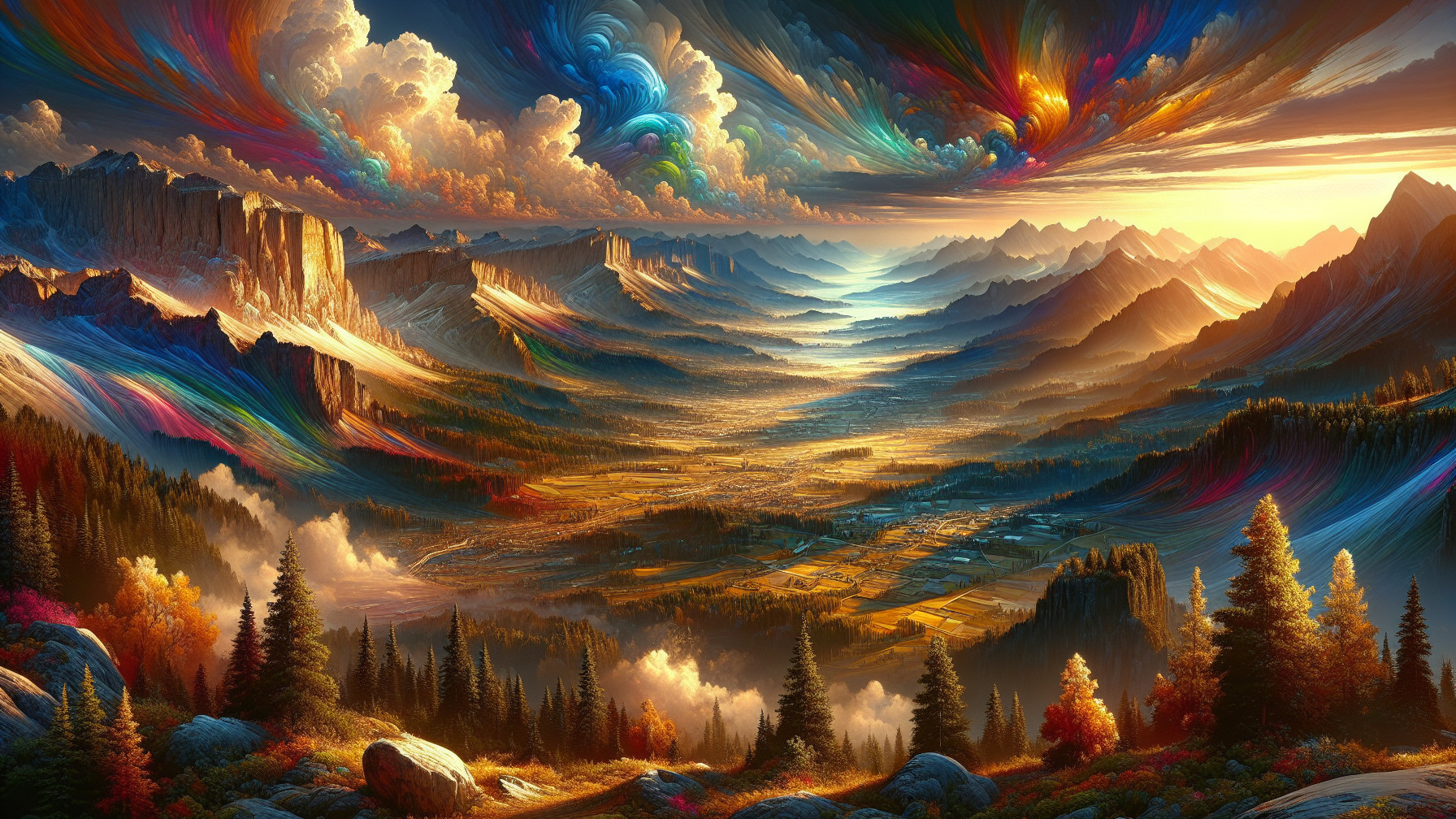 Vibrant Landscape with Swirling Clouds and Mountains