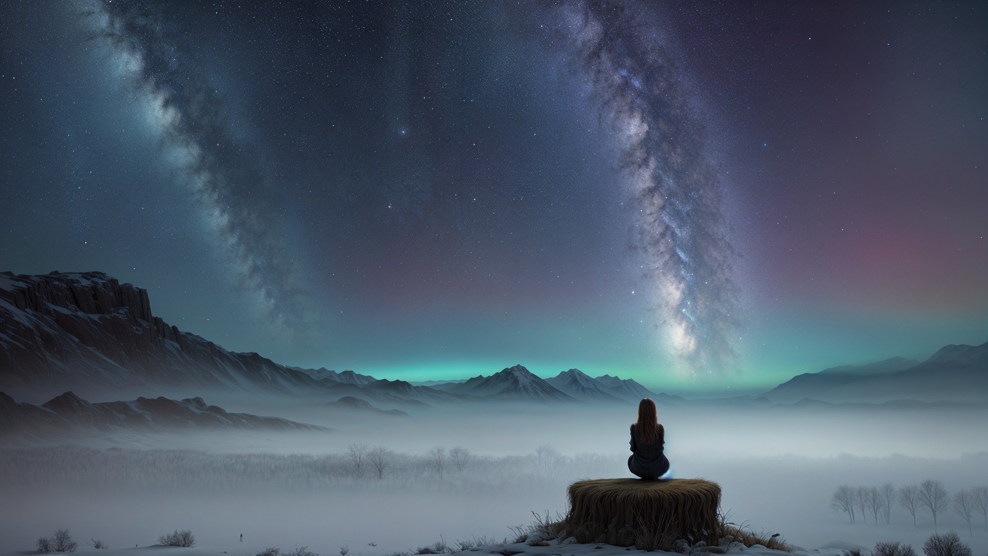 Serene Night Landscape with Girl Under Starlit Sky