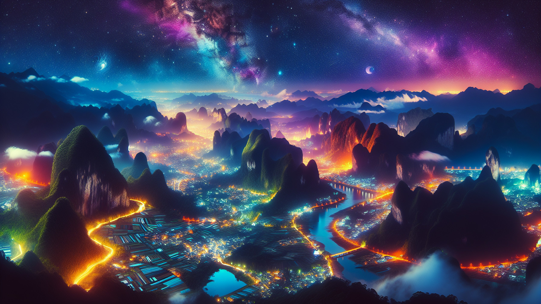Panoramic View of a Mystical Landscape at Night