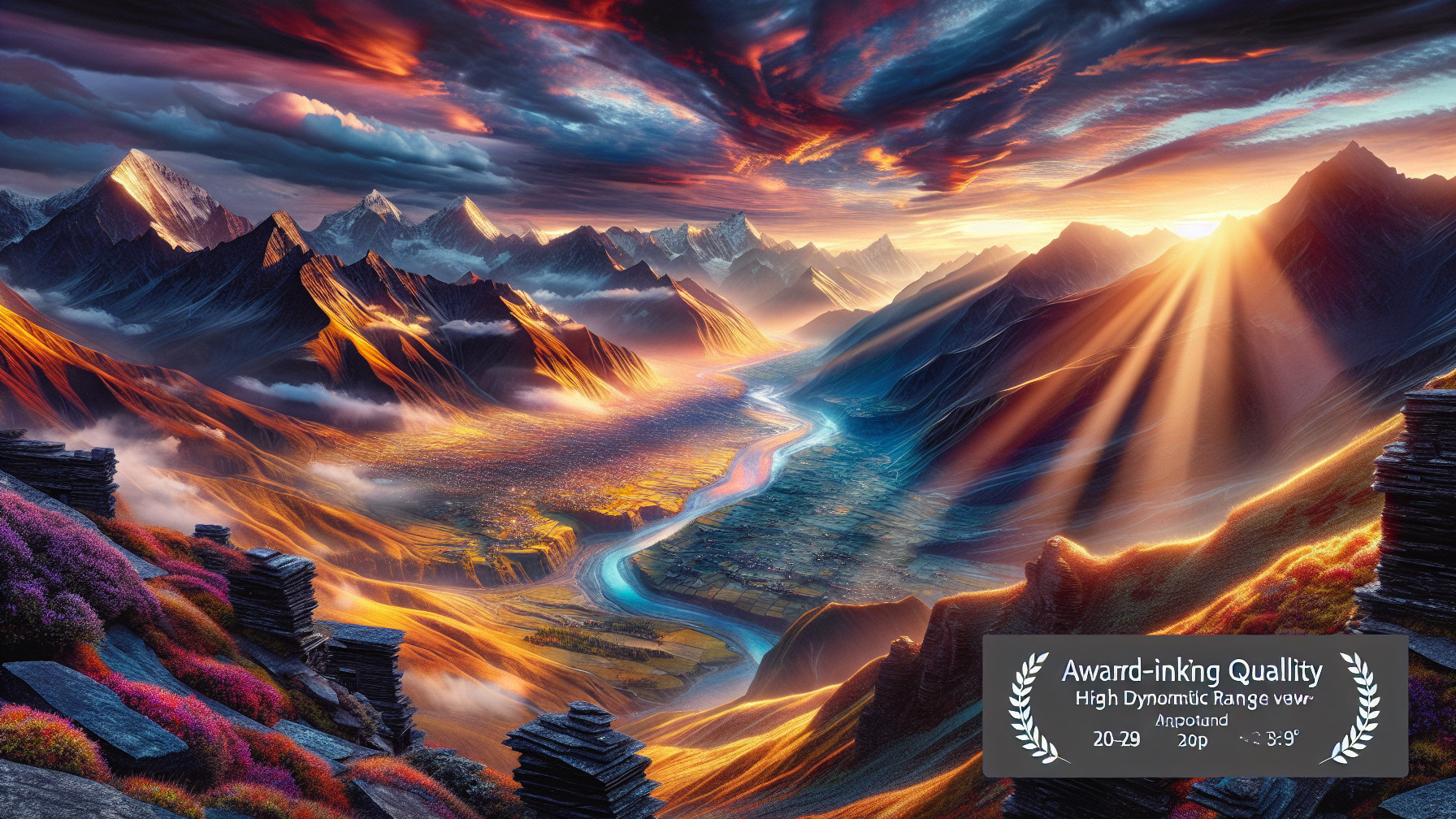 Majestic Mountain Landscape with Flowing River and Sky